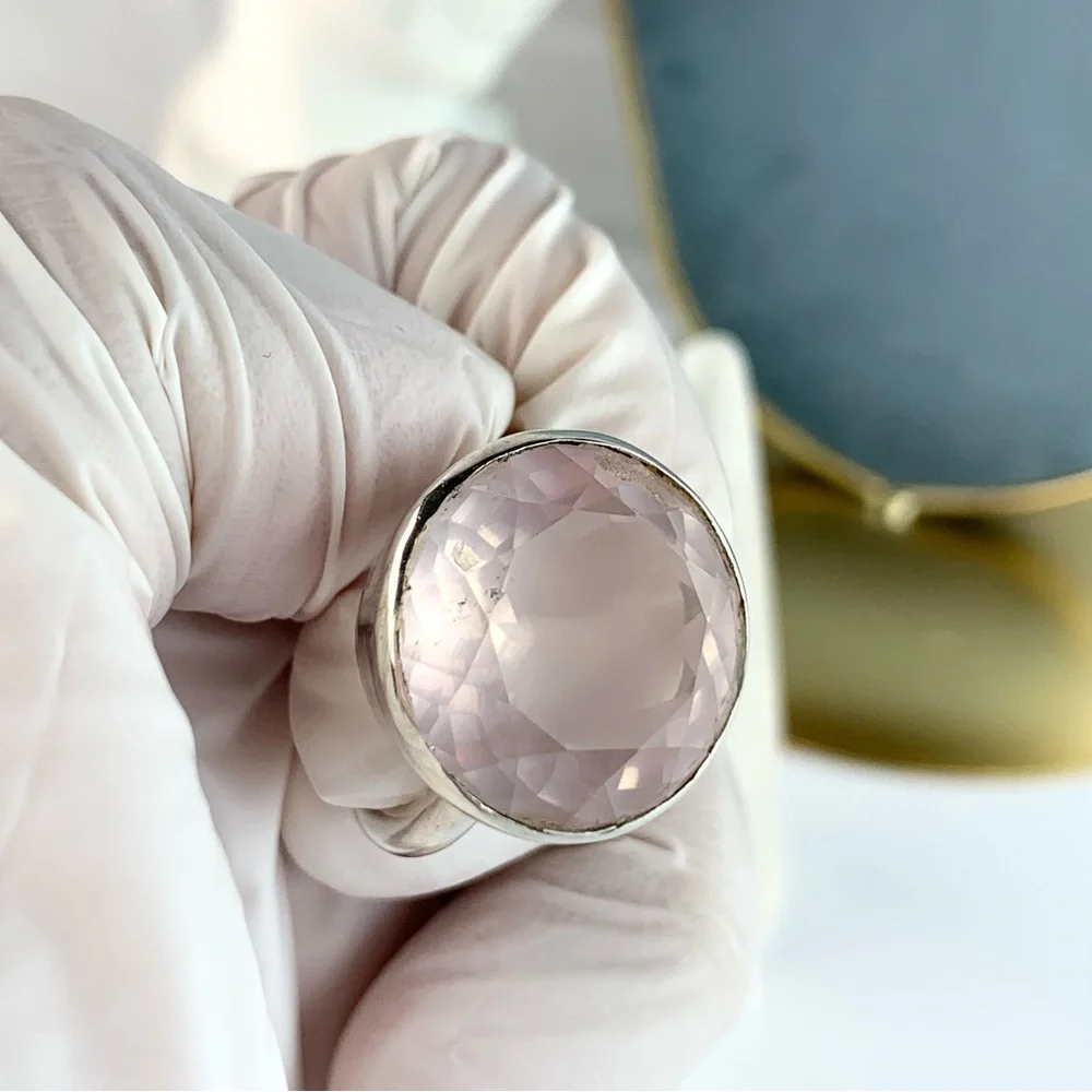 Sterling Silver Rose Quartz Large Round Statement Ring